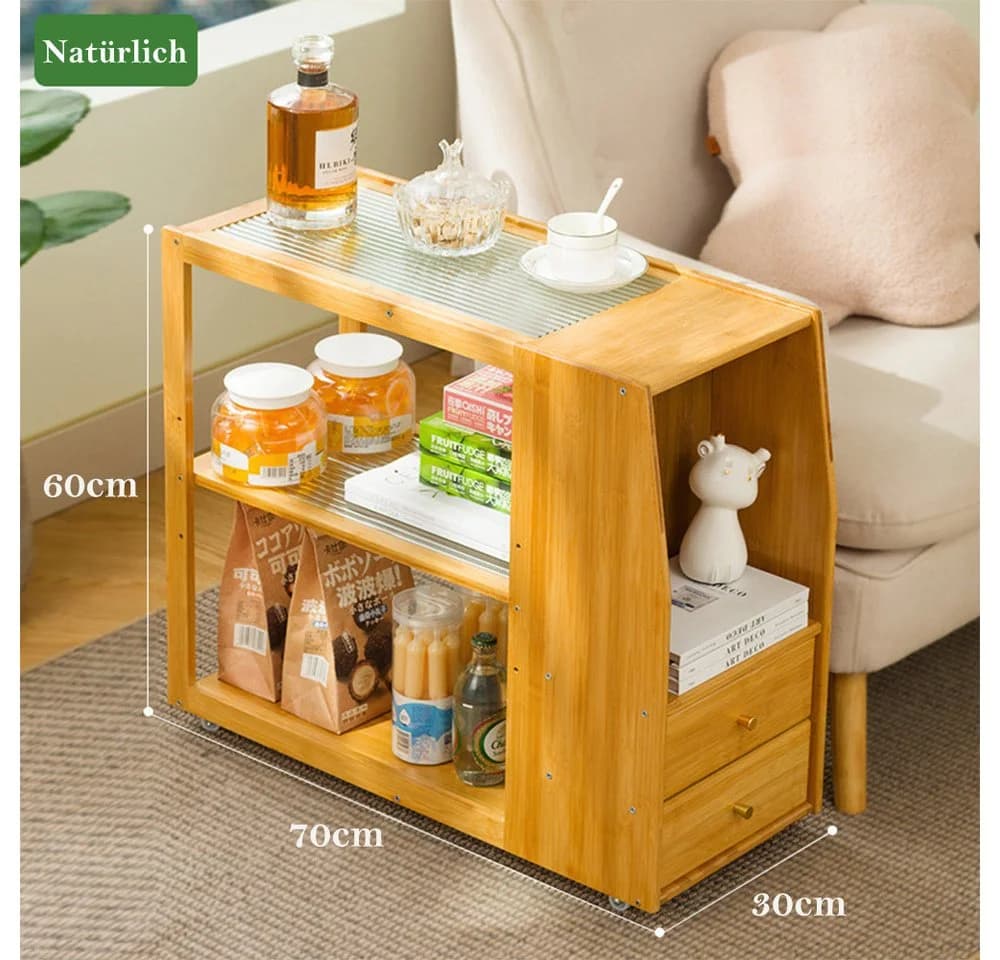 TUWENA Beistelltisch mit Rollen und Schublade, Bambus & Glas, Braun