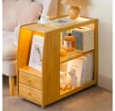 TUWENA Beistelltisch mit Rollen und Schublade, Bambus & Glas, Braun Bild 2