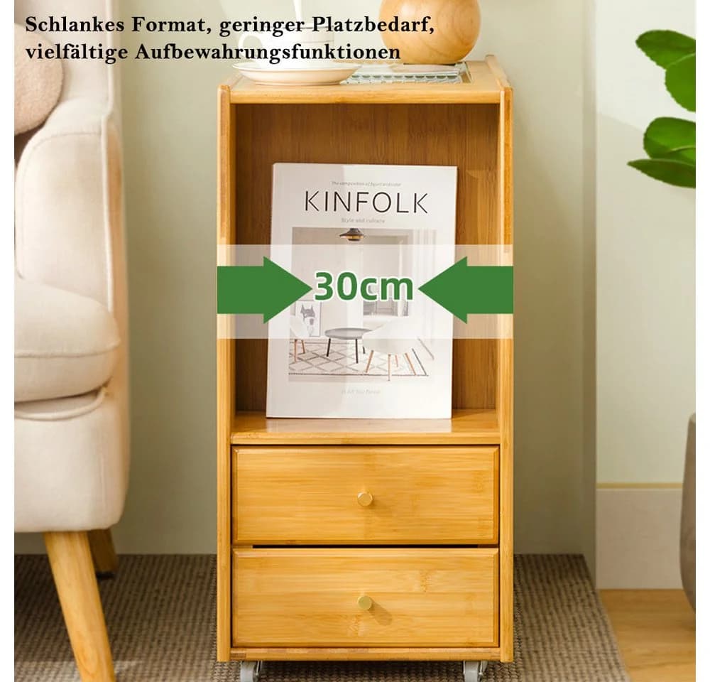 TUWENA Beistelltisch mit Rollen und Schublade, Bambus & Glas, Braun - Bild 5