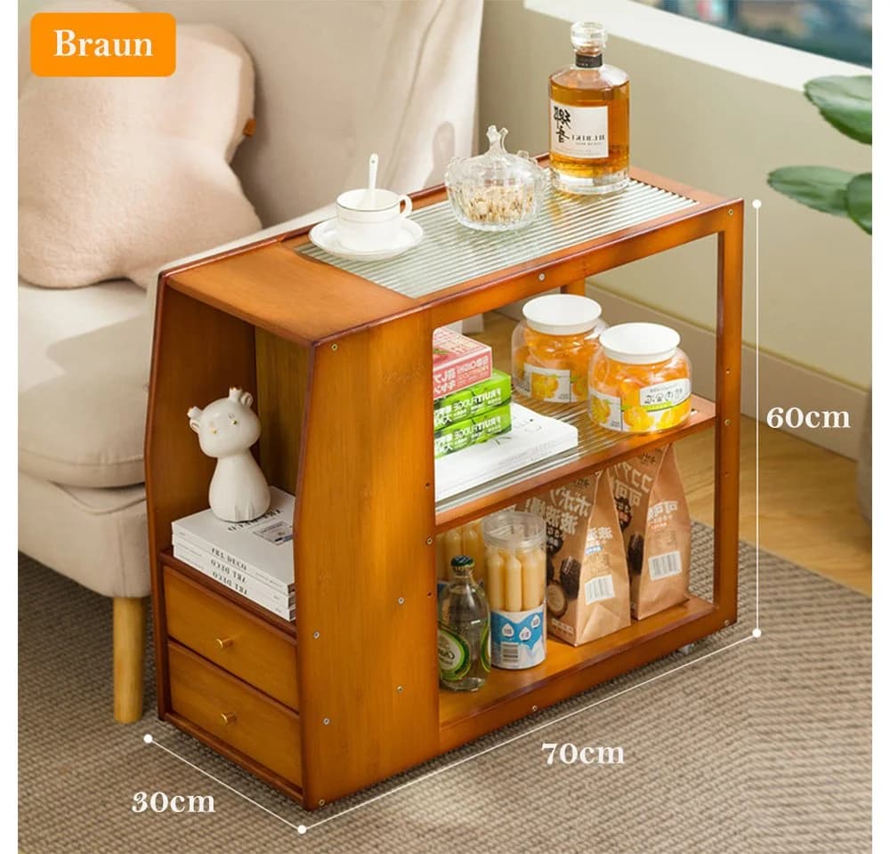 TUWENA Beistelltisch mit Rollen und Schublade, Bambus Glas Braun
