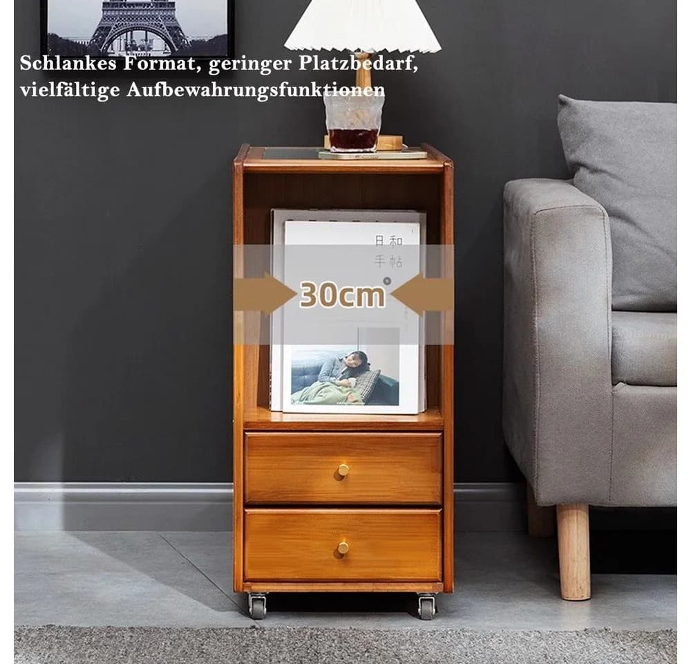 TUWENA Beistelltisch mit Rollen und Schublade, Bambus Glas Braun - Bild 5