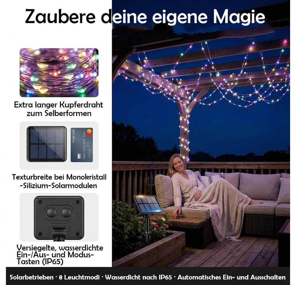AFKSMILE LED Solarleuchte 2x12M/2x22M Kupferdraht 8 Modi Bunt