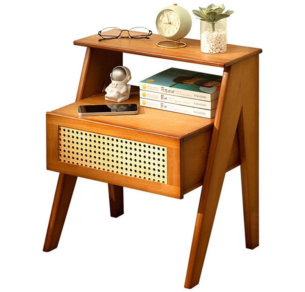 TUWENA Bambus Nachttisch mit Rattan-Schublade und offenen Regalen - Bild 2