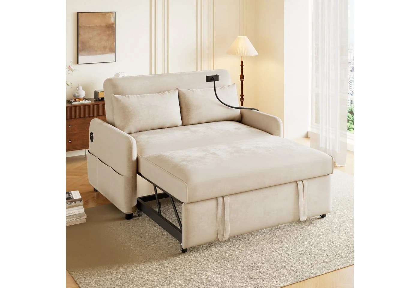 i@home Schlafsofa Modernes Doppel-Klappschlafsofa mit USB-Ladeanschluss und Handyhalter