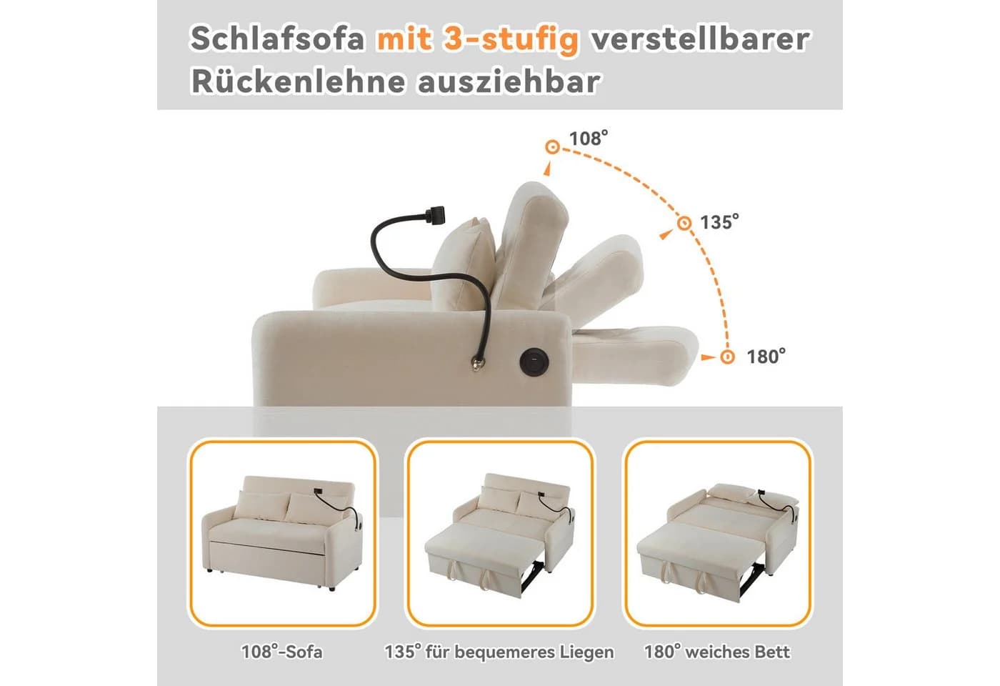i@home Schlafsofa Modernes Doppel-Klappschlafsofa mit USB-Ladeanschluss und Handyhalter - Bild 4