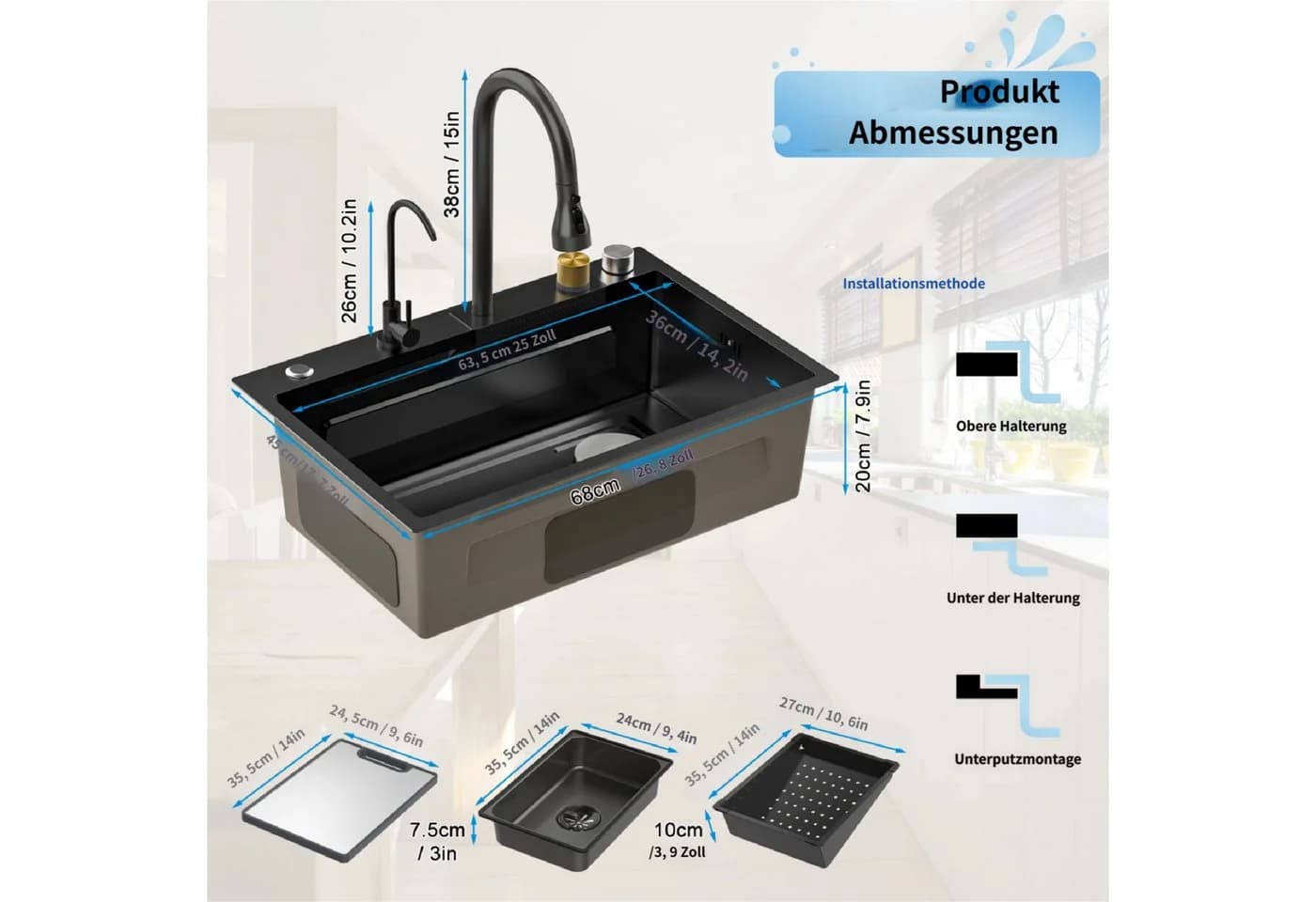 Rutaqian Küchenspüle Edelstahl Schwarz mit Wasserfallhahn und Zubehör - Bild 4