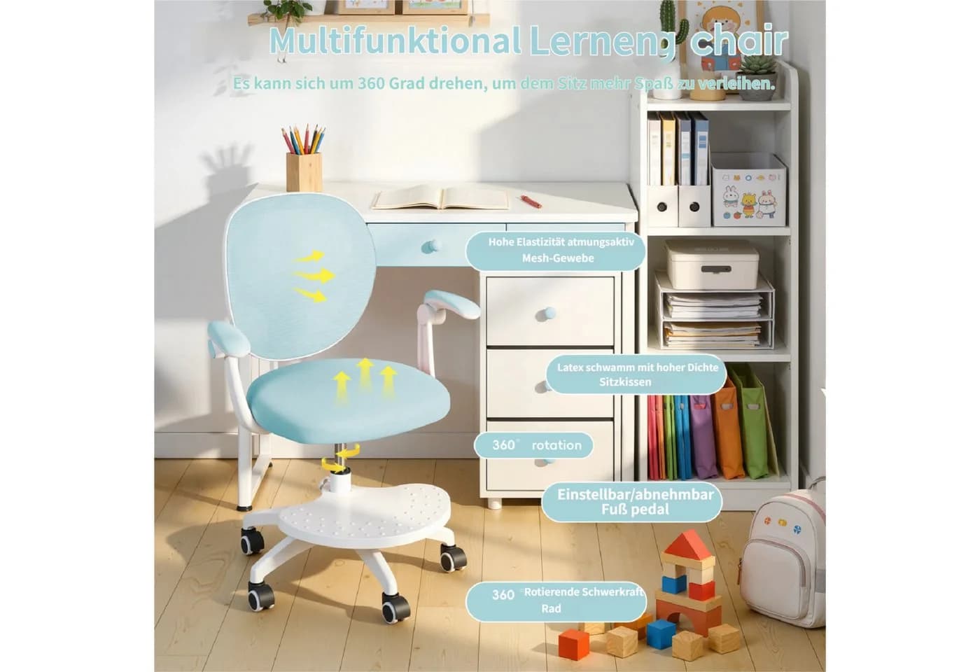 Rutaqian Kinder-Studienstuhl Blau mit verstellbarer Fußstütze und Klapparm - Bild 4