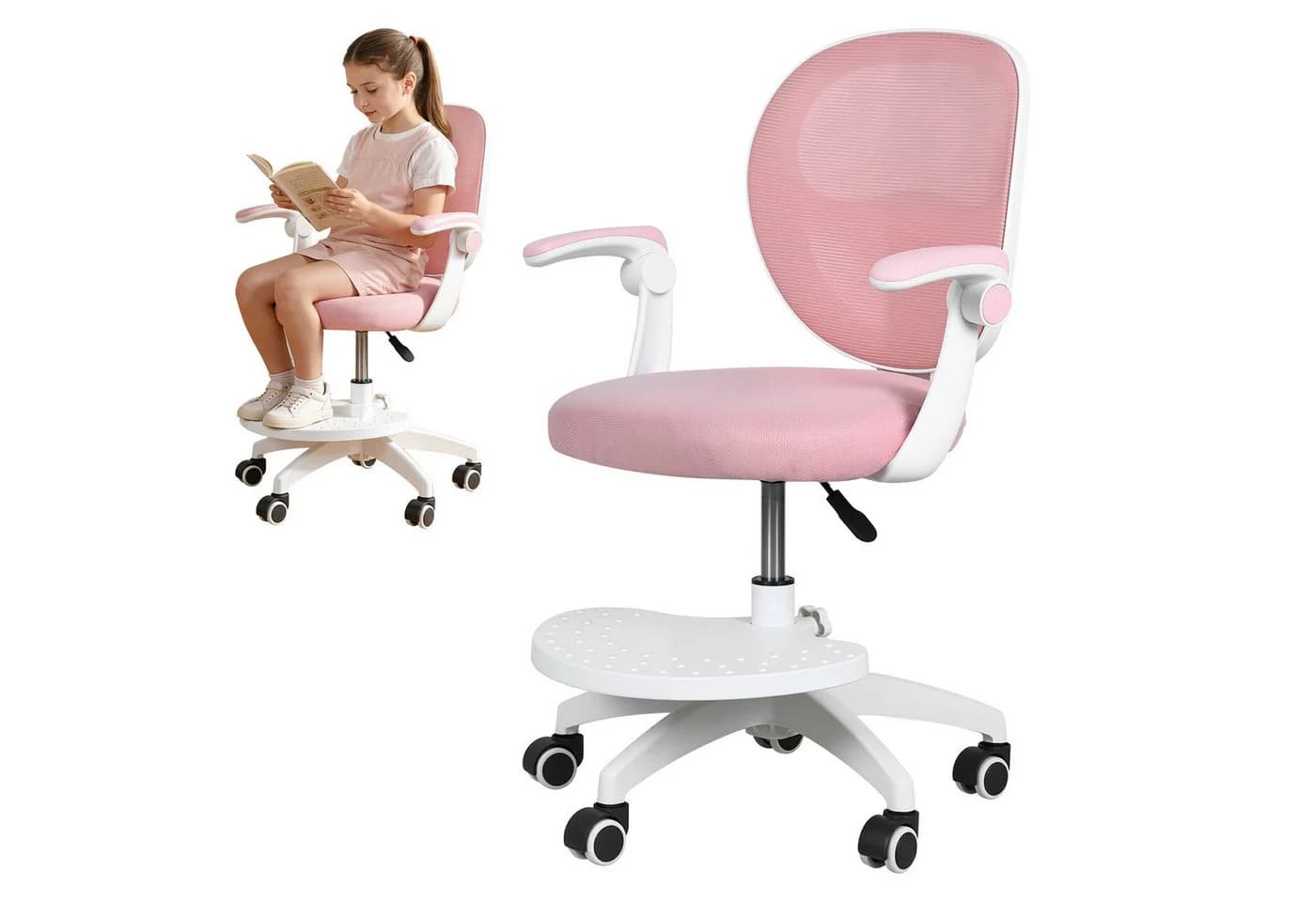 Rutaqian Kinder-Schreibtischstuhl Rosa mit verstellbarer Fußstütze und Klapparm - Bild 2