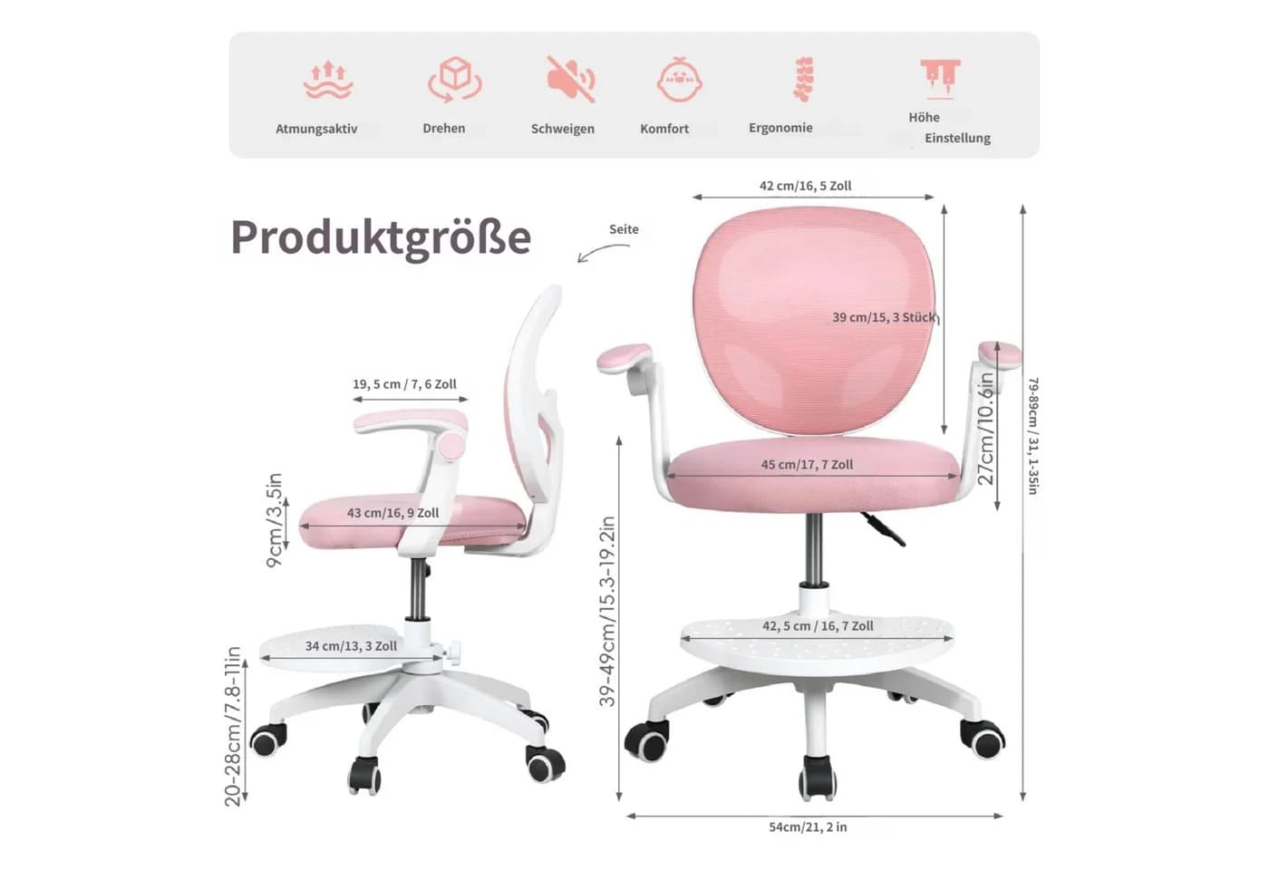 Rutaqian Kinder-Schreibtischstuhl Rosa mit verstellbarer Fußstütze und Klapparm - Bild 3
