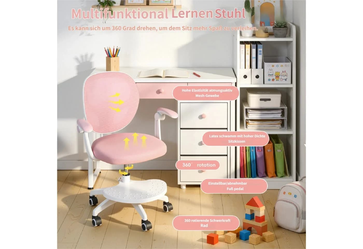 Rutaqian Kinder-Schreibtischstuhl Rosa mit verstellbarer Fußstütze und Klapparm - Bild 4