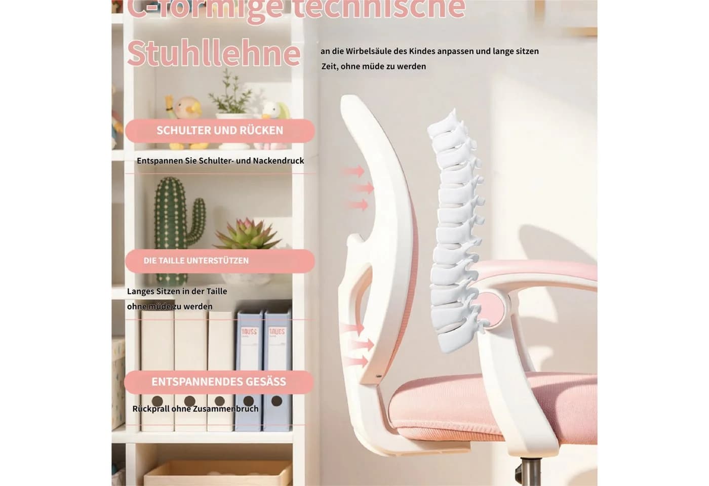 Rutaqian Kinder-Schreibtischstuhl Rosa mit verstellbarer Fußstütze und Klapparm - Bild 5