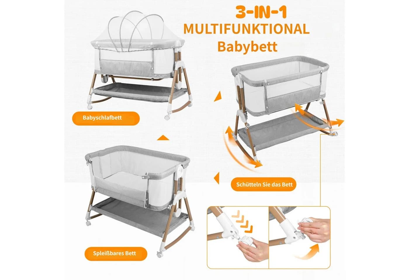Rutaqian Beistellbett 3-in-1 Babywiege grau höhenverstellbar - Bild 5