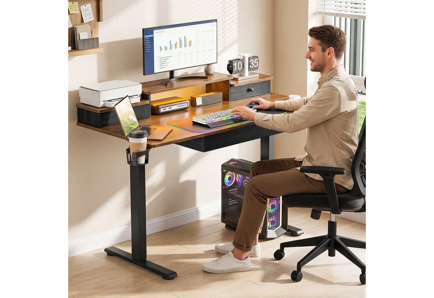Rutaqian Schreibtisch Braun LED-Design & Schubladen