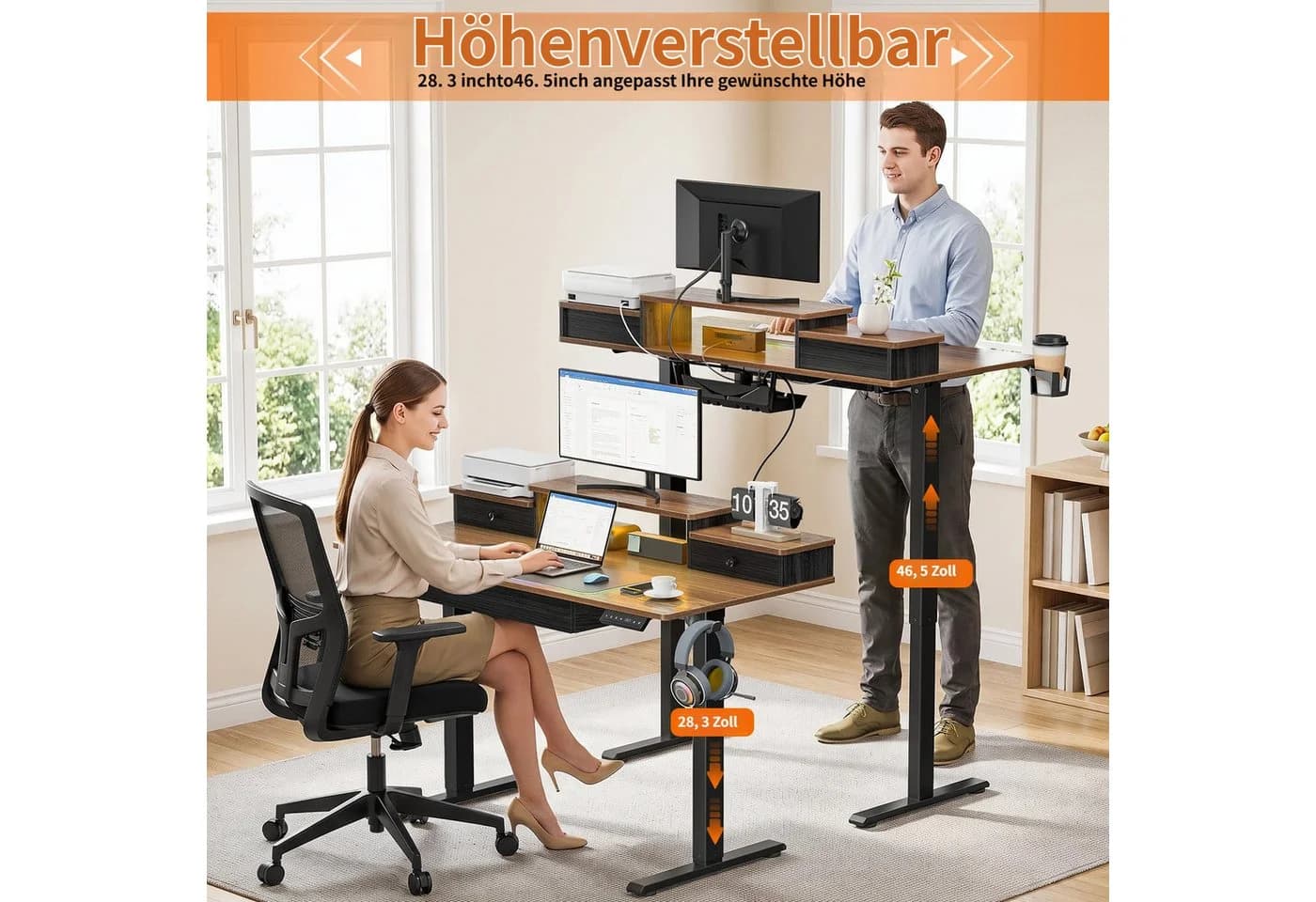 Rutaqian Schreibtisch Braun LED-Design & Schubladen - Bild 5
