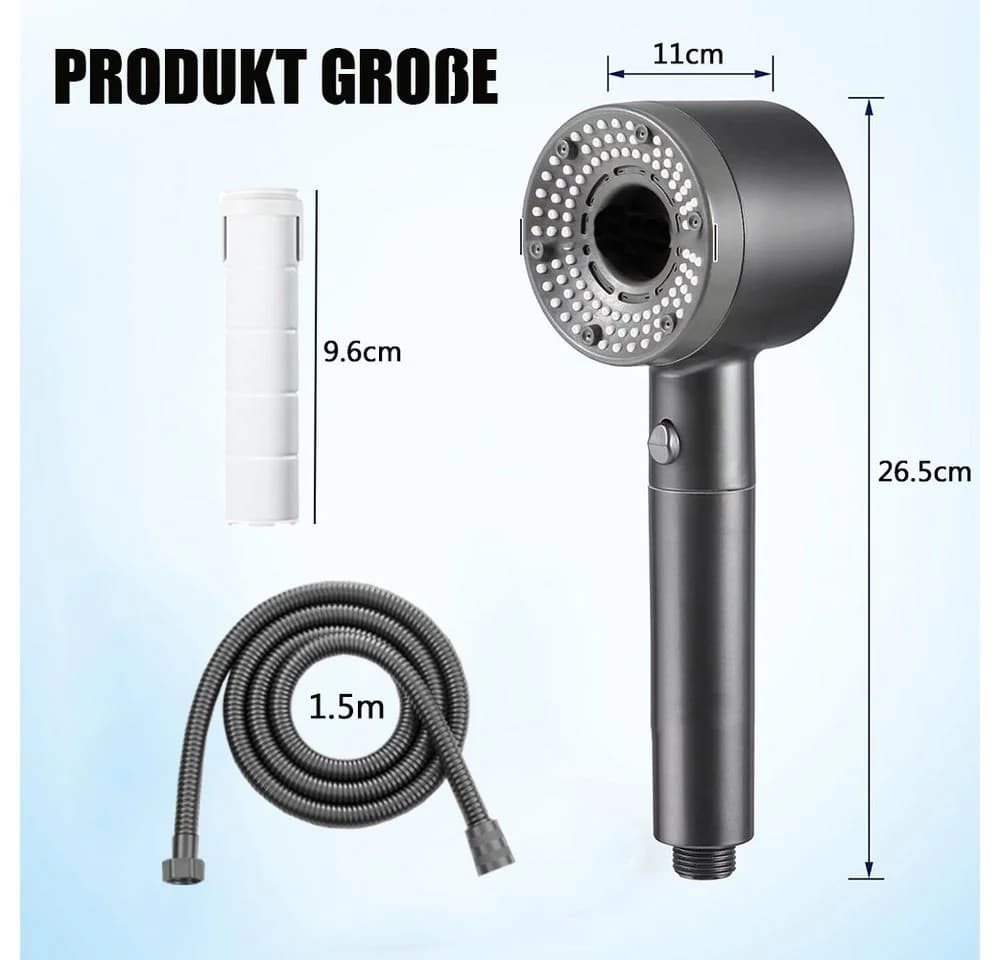 TUWENA Duschbrause Duschkopf Hochdruck, Handbrause mit 1,5m Schlauch und Halterung, Einstellbarer Brausekopf Dusche mit 5 Strahlarten und 5 Filterpatronen