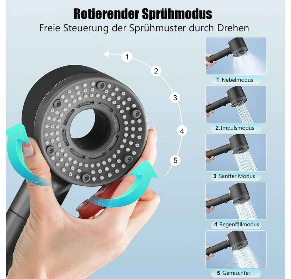 TUWENA Duschbrause Duschkopf Hochdruck, Handbrause mit 1,5m Schlauch und Halterung, Einstellbarer Brausekopf Dusche mit 5 Strahlarten und 5 Filterpatronen - Bild 4