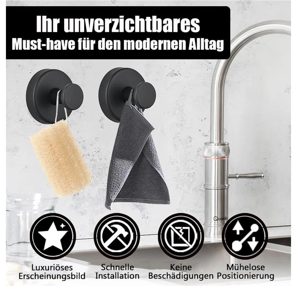 TUWENA Handtuchhaken 4 Stück Schwarz Saugnapf ohne Bohren - Bild 3