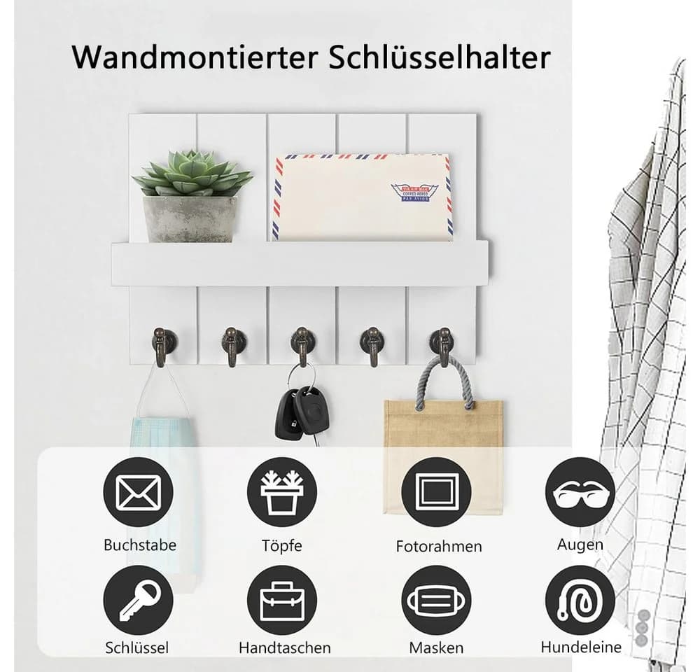 TUWENA Schlüsselbrett mit 5 Haken, Dekoratives Holz Wandregal, Schlüsselablage - Bild 4
