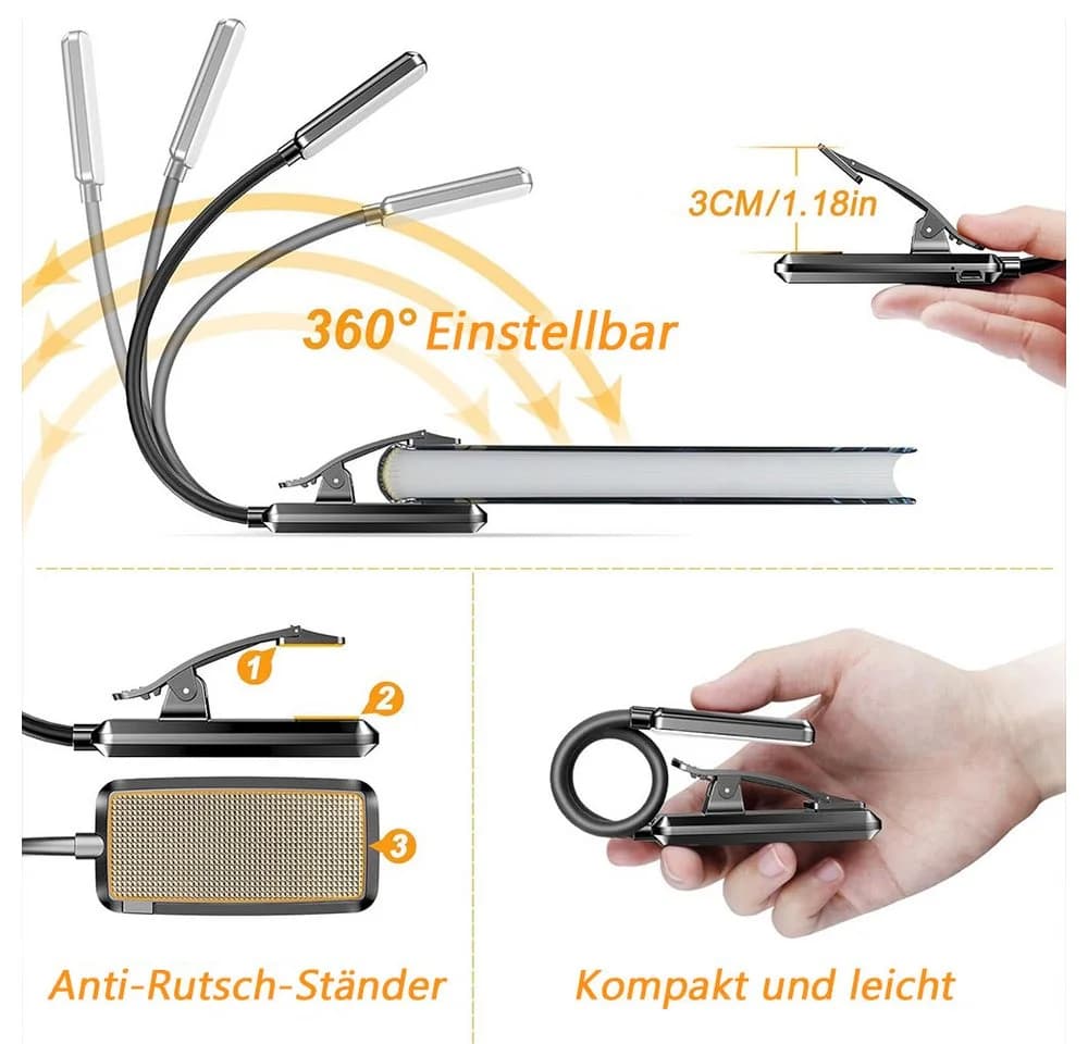 TUWENA LED Leselampe Buchklemme 360° Flexibel 9 LEDs 3 Farbtemperaturen