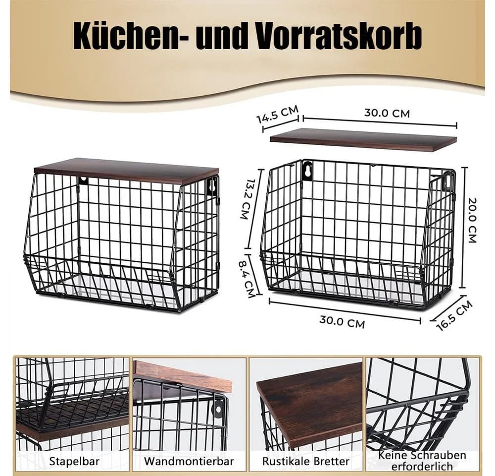 TUWENA Hängender Obstkorb Schwarz Metall Holz Wand Stapelbar