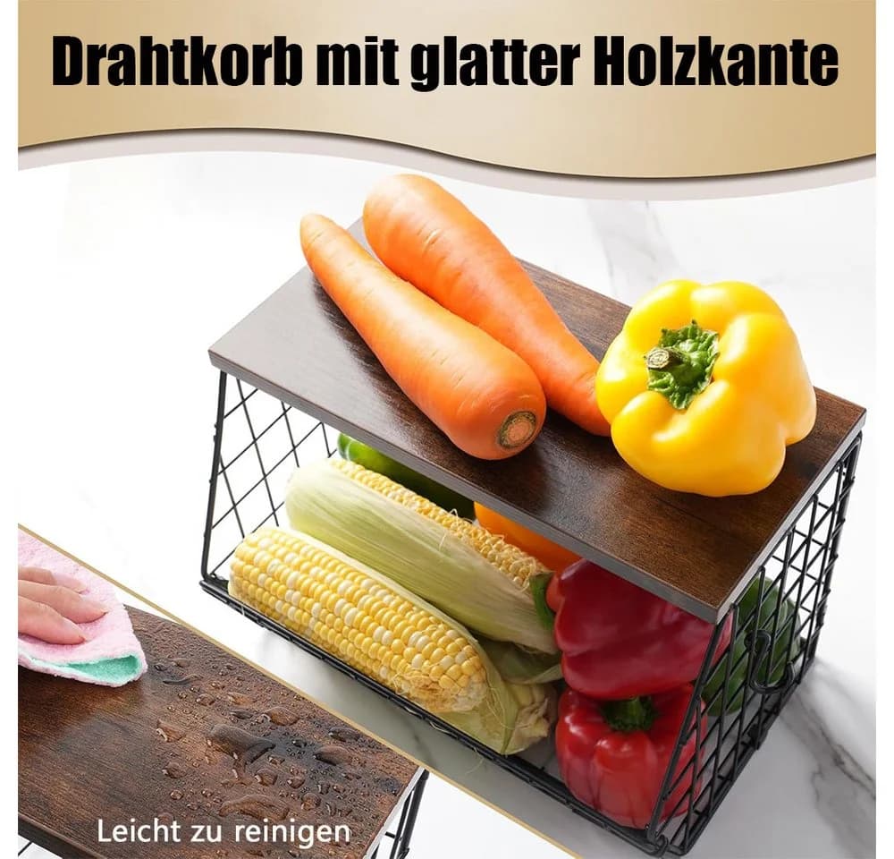 TUWENA Hängender Obstkorb Schwarz Metall Holz Wand Stapelbar - Bild 3