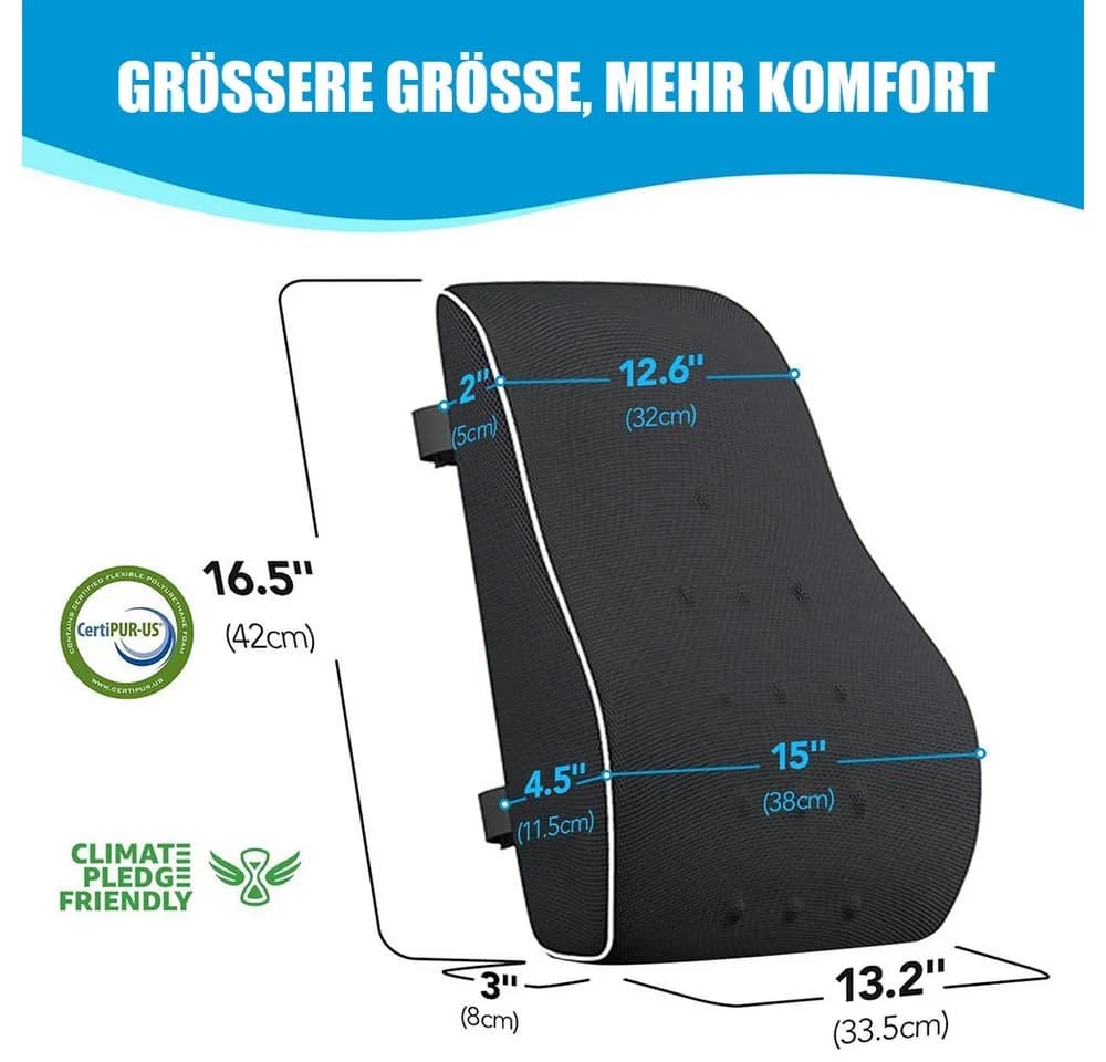 AFKSMILE Rückenkissen Memory Foam Schwarz mit Riemen