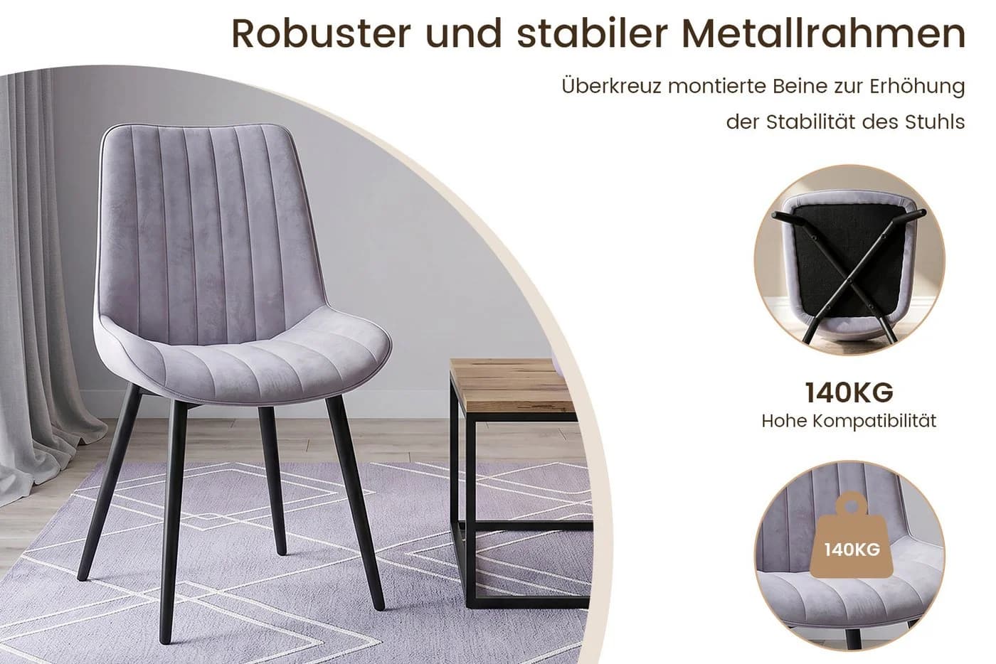 HOMAVO Esszimmerstuhl Stuhlset 6-tlg. Grau Samt Metallbeine - Bild 4