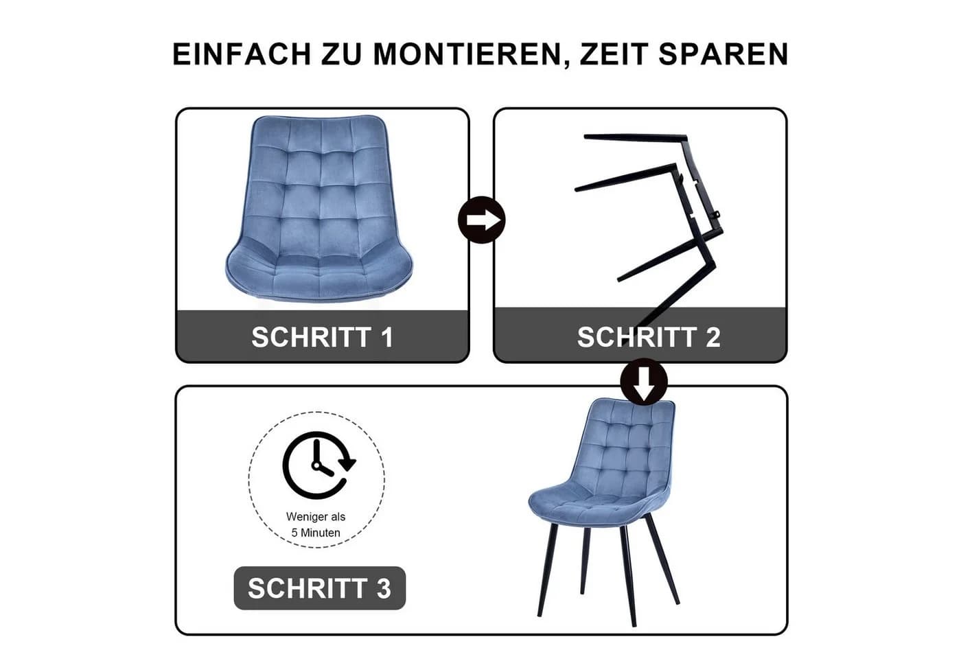 HOMAVO Esszimmerstuhl Stuhlset 6-tlg. Blau Samt Metallbeine - Bild 5