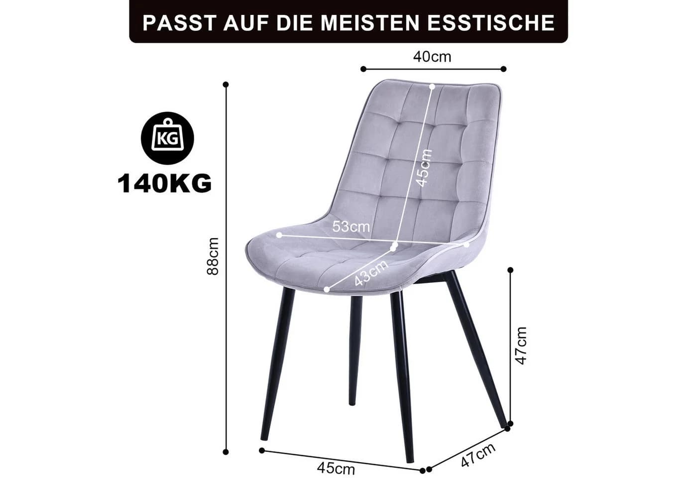 HOMAVO Esszimmerstuhl Stuhlset Grau Samt Metallbeine - Bild 4