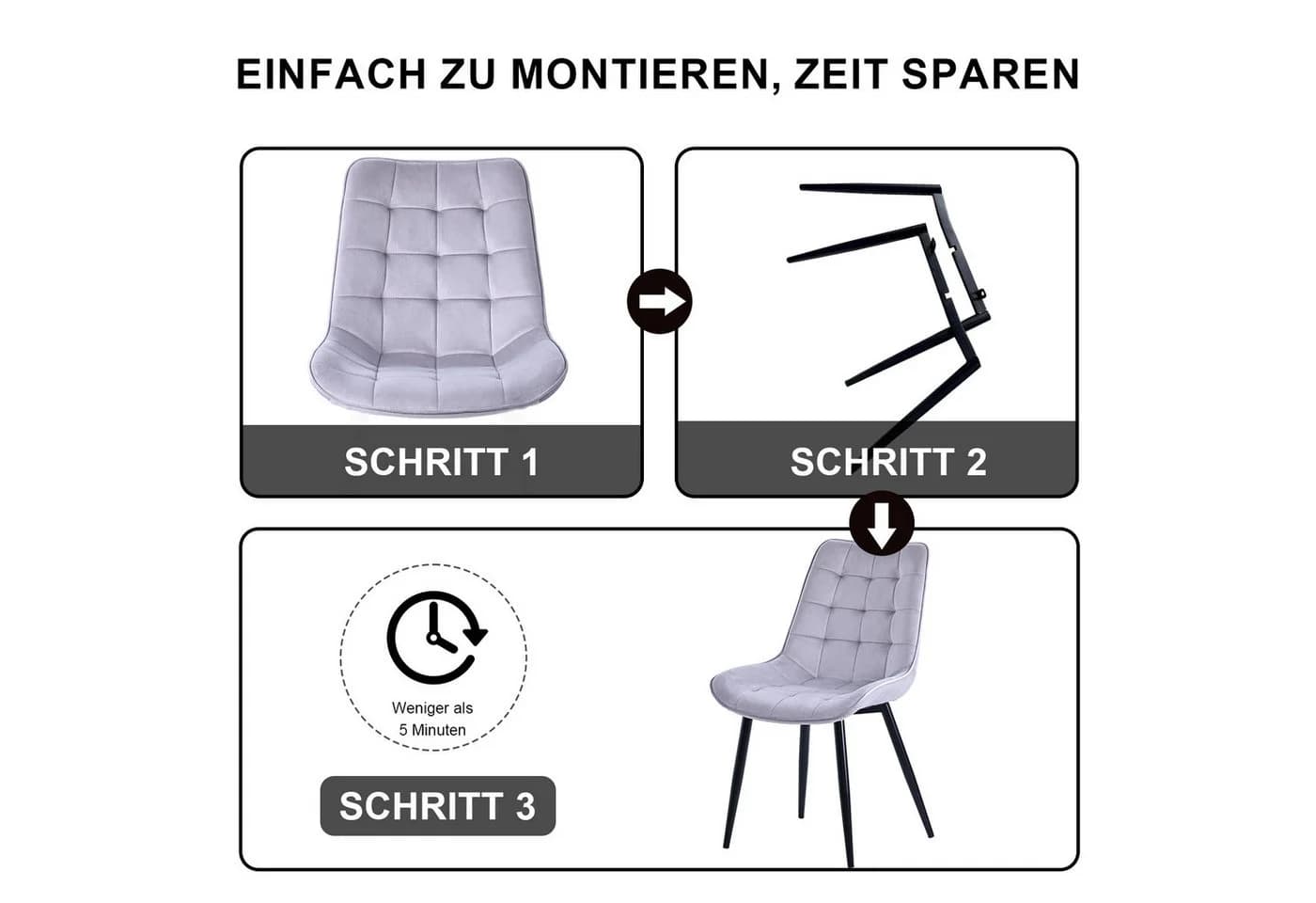 HOMAVO Esszimmerstuhl Stuhlset Grau Samt Metallbeine - Bild 5