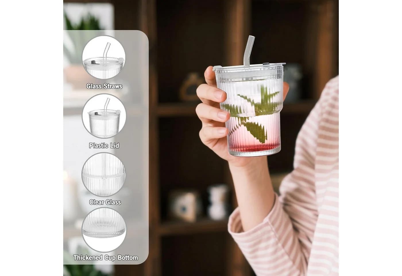 FANNOU Gläser-Set 2-tlg. Gerippte Glasbecher mit Deckel & Strohhalm Transparent - Bild 3