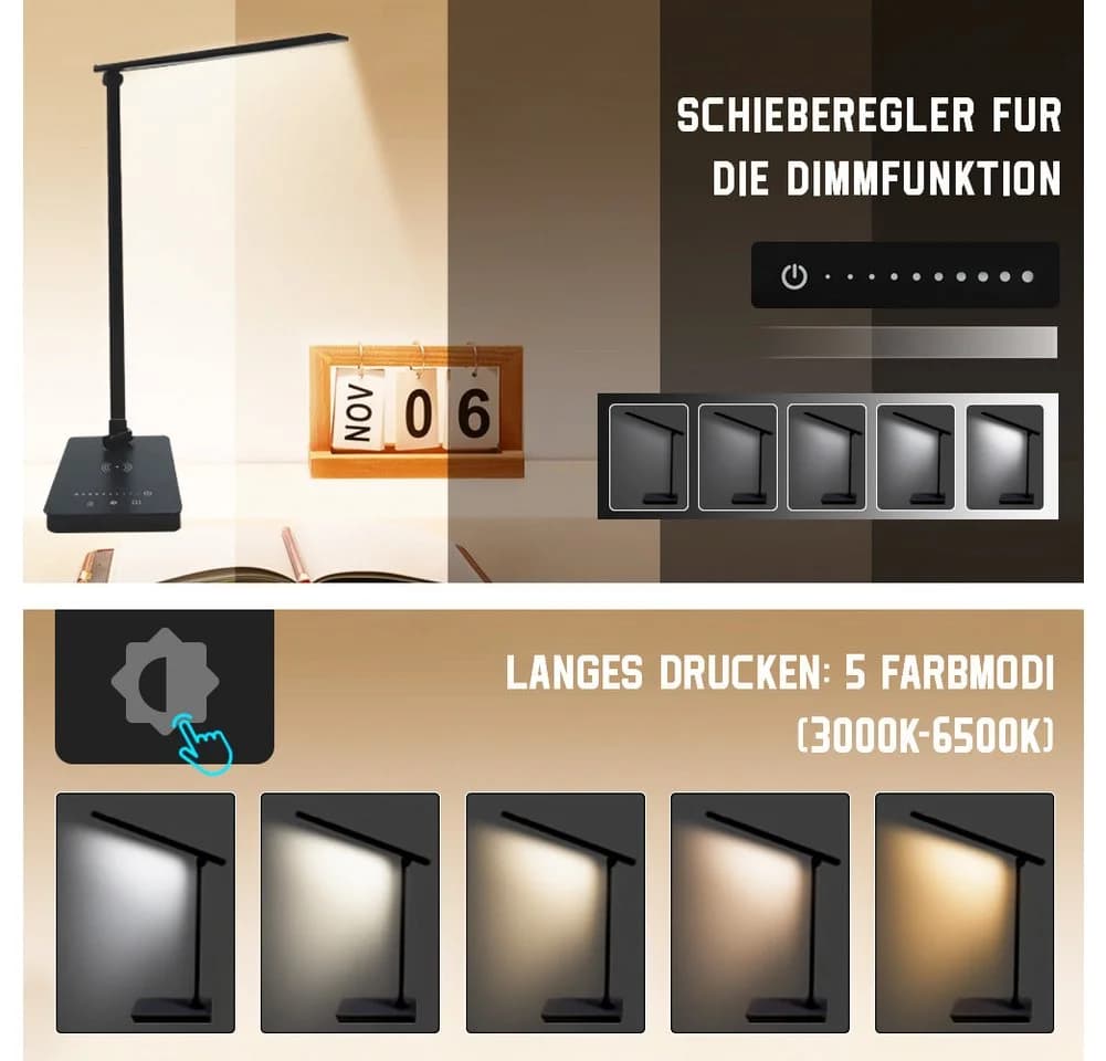 FANNOU LED Schreibtischlampe Dimmbar Schwarz 25 Modi Augenschutz