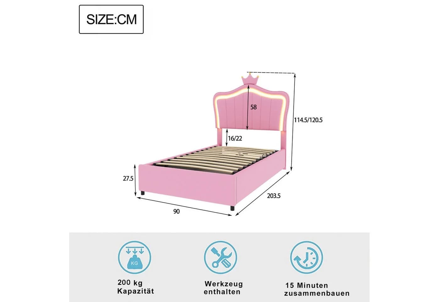 Celya Kinderbett 90x200 cm LED-Beleuchtung Rosa