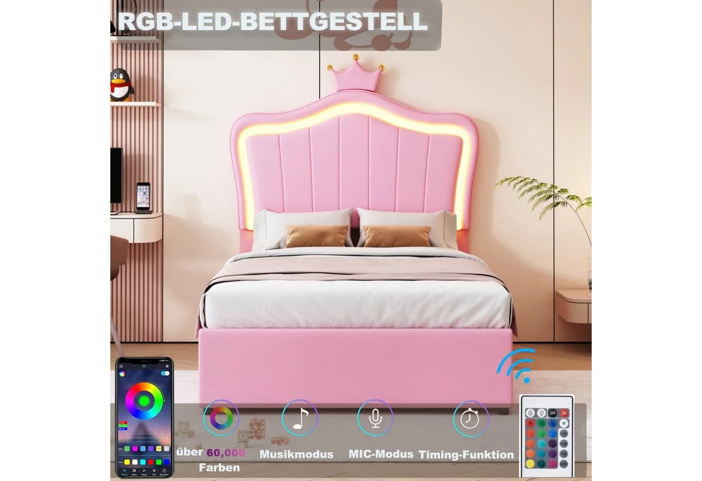 Celya Kinderbett 90x200 cm LED-Beleuchtung Rosa - Bild 3