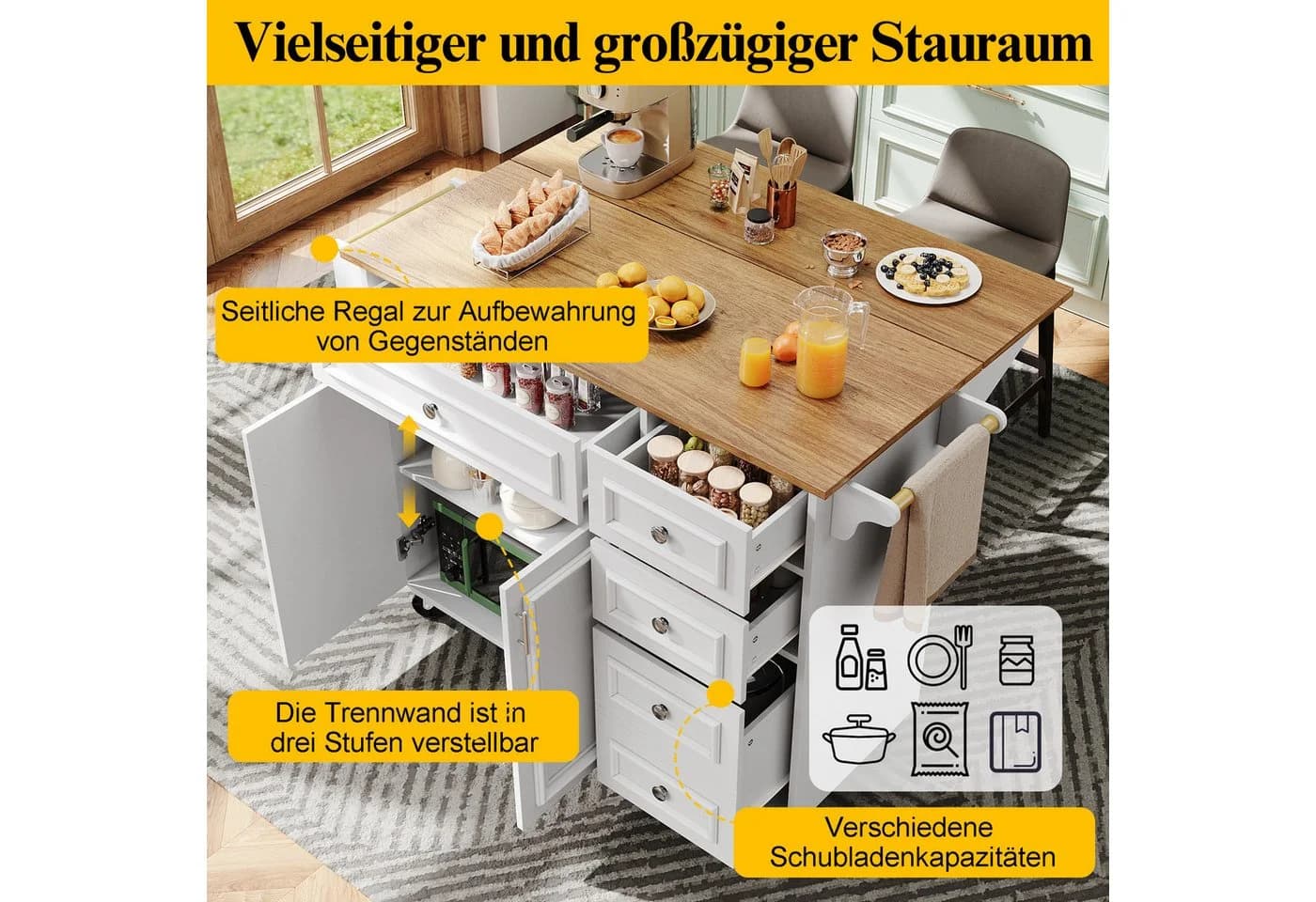 Celya Küchenwagen mit klappbarer Tischplatte und 5 Schubladen weiß - Bild 5