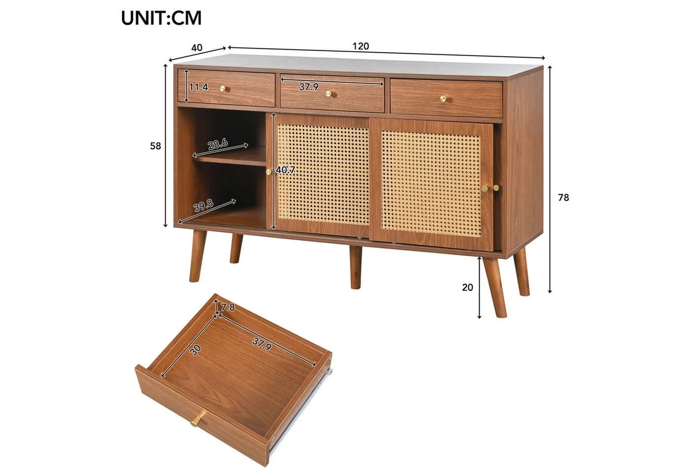 Celya Sideboard Kommode mit 3 Schubladen und 3 Schiebetüren, Rattangeflecht