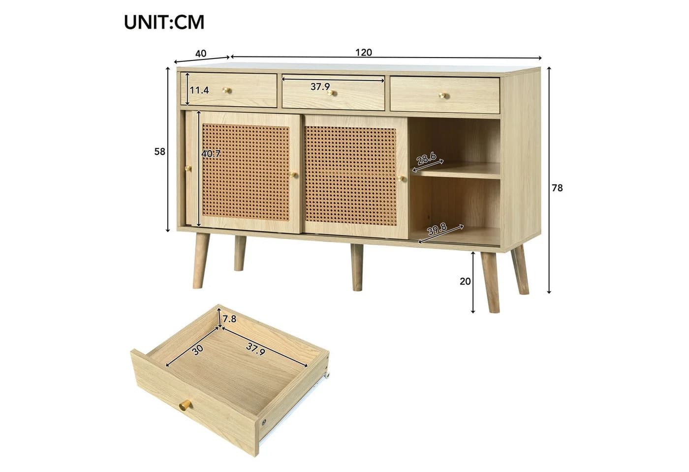 Celya Sideboard Kommode mit 3 Schubladen und 3 Schiebetüren, Rattangeflecht