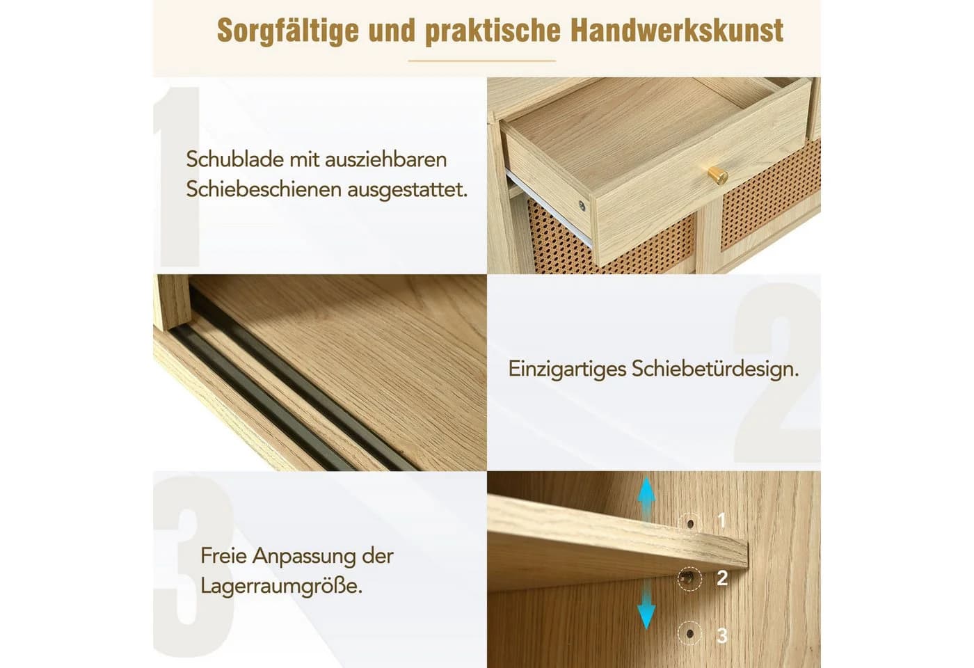 Celya Sideboard Kommode mit 3 Schubladen und 3 Schiebetüren, Rattangeflecht - Bild 3