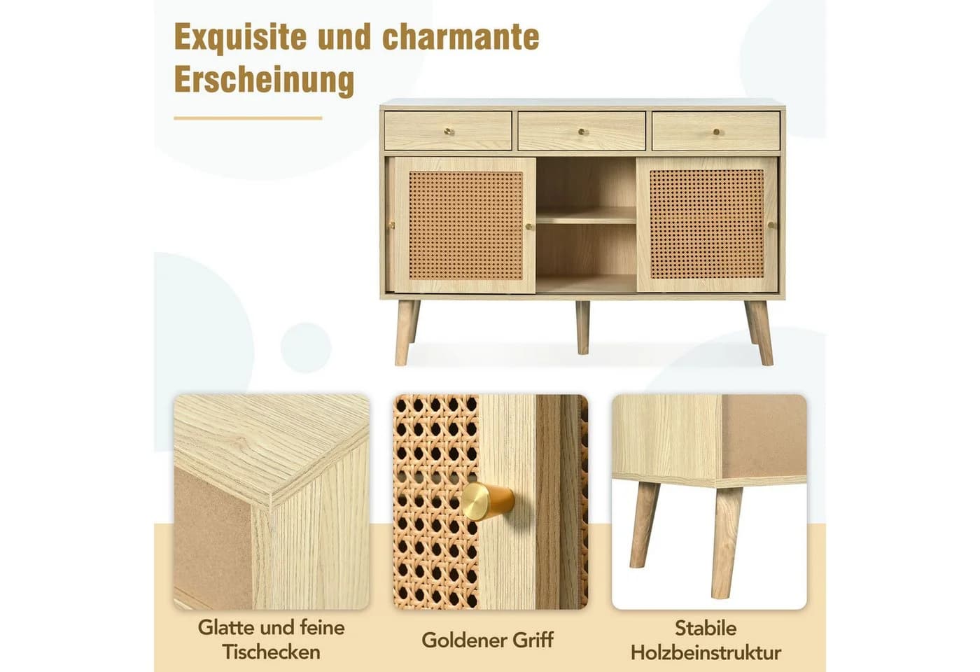 Celya Sideboard Kommode mit 3 Schubladen und 3 Schiebetüren, Rattangeflecht - Bild 4