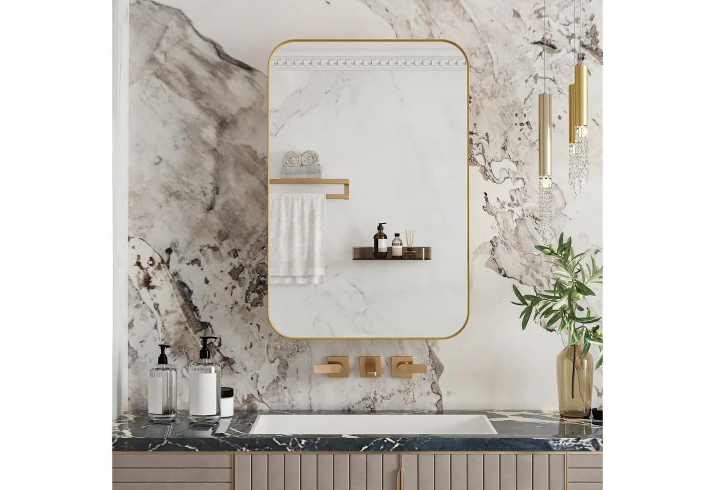 Celya Spiegelschrank Moderner Wand-Badezimmerschrank, Rechteckiger Spiegelschrank mit Stauraum, Metallrahmen, Gold - Bild 2
