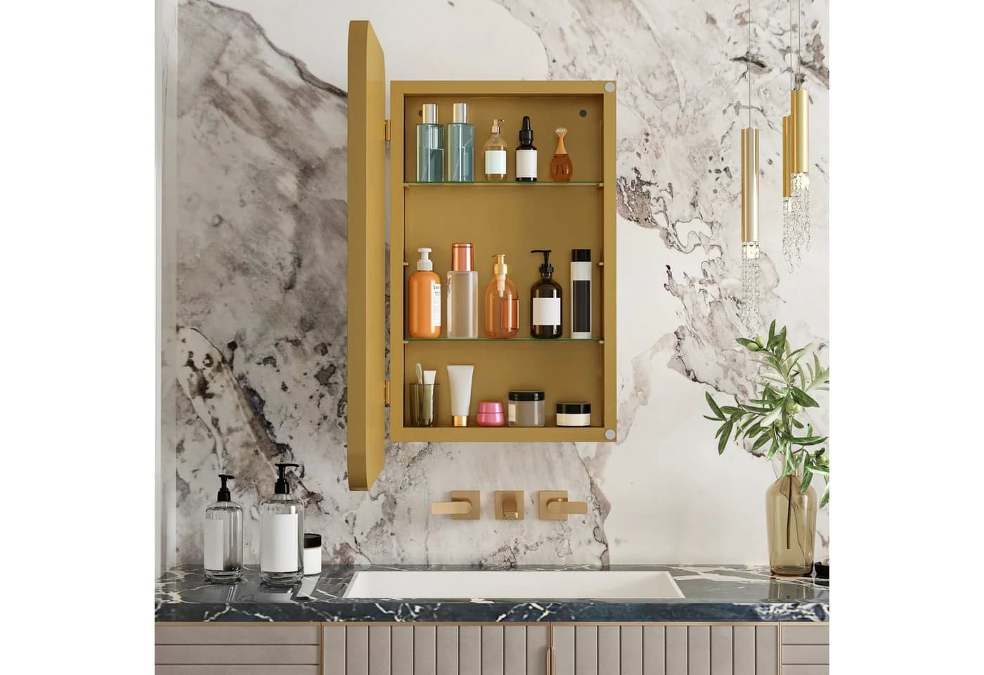 Celya Spiegelschrank Moderner Wand-Badezimmerschrank, Rechteckiger Spiegelschrank mit Stauraum, Metallrahmen, Gold - Bild 3