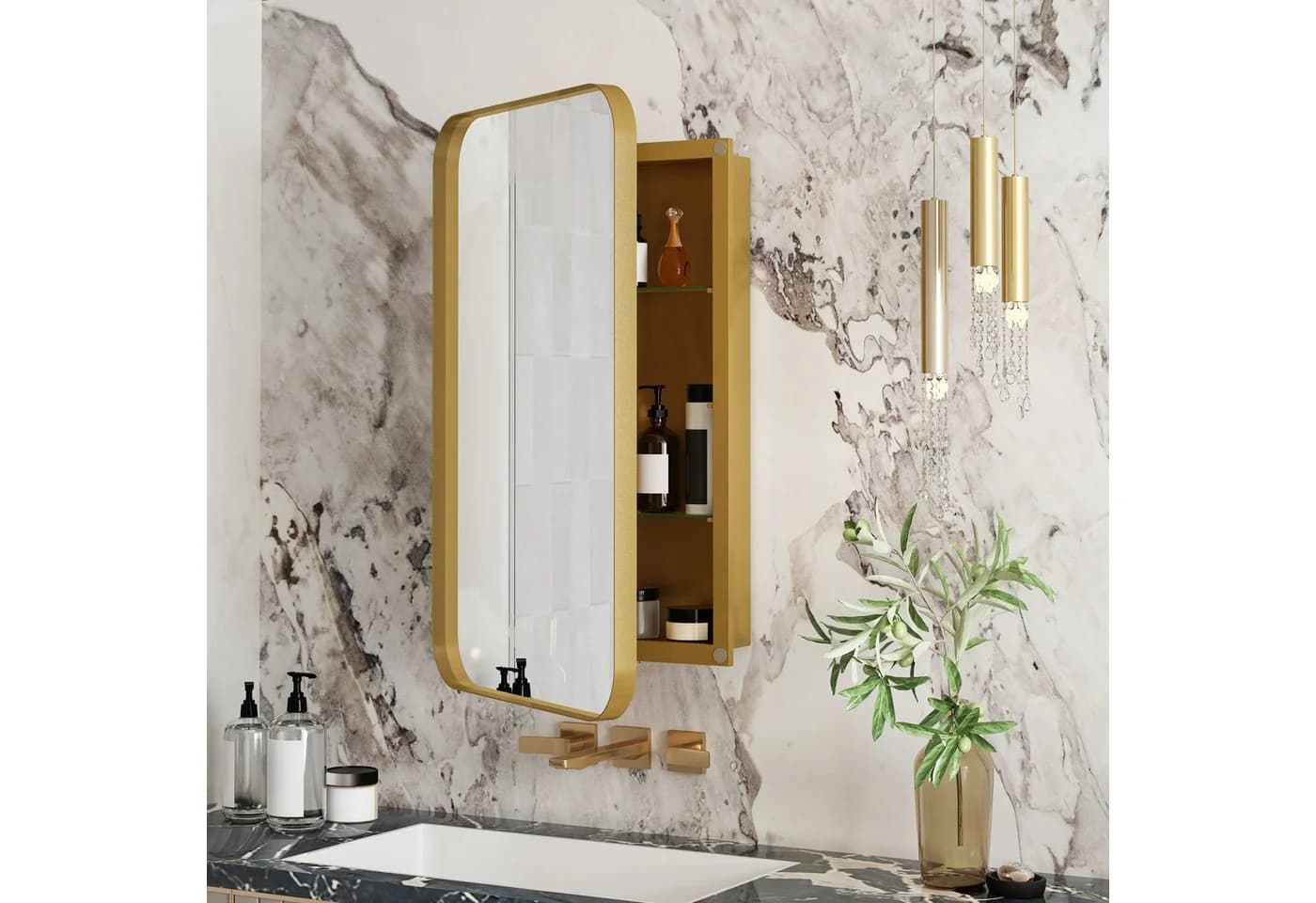 Celya Spiegelschrank Moderner Wand-Badezimmerschrank, Rechteckiger Spiegelschrank mit Stauraum, Metallrahmen, Gold - Bild 4