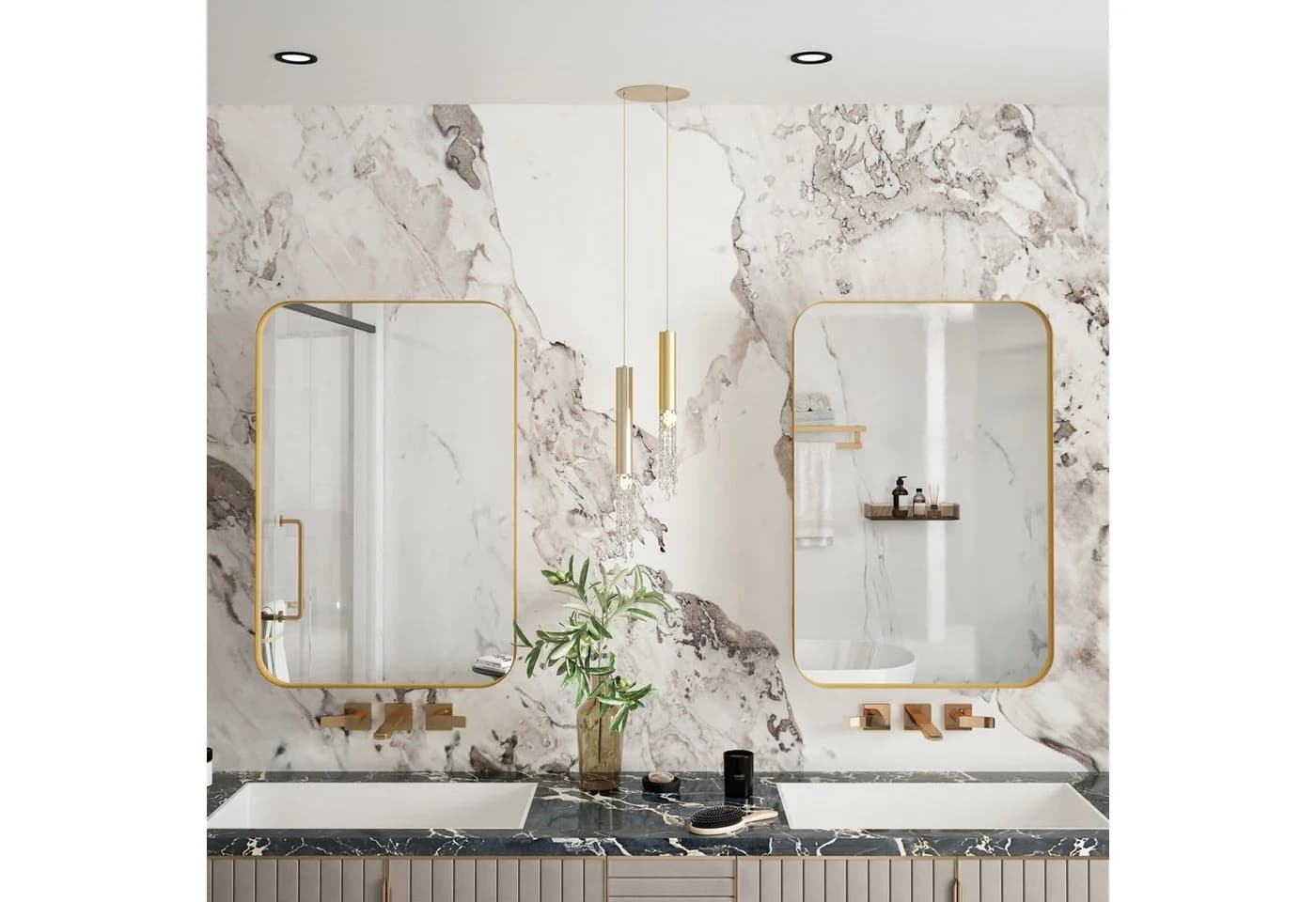 Celya Spiegelschrank Moderner Wand-Badezimmerschrank, Rechteckiger Spiegelschrank mit Stauraum, Metallrahmen, Gold - Bild 5