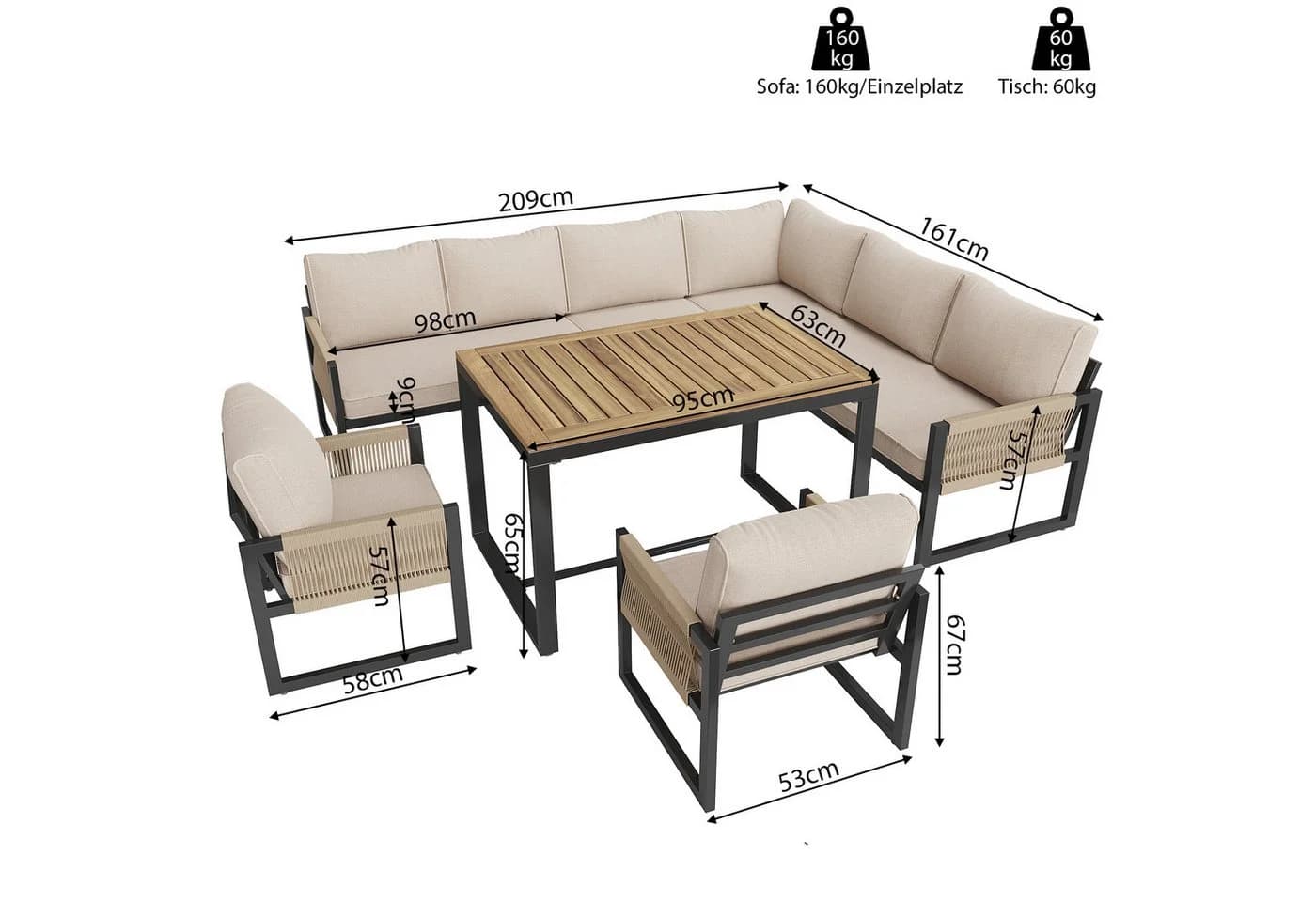 Celya Gartenlounge-Set 7-8 Sitze Beige Metall wetterfest