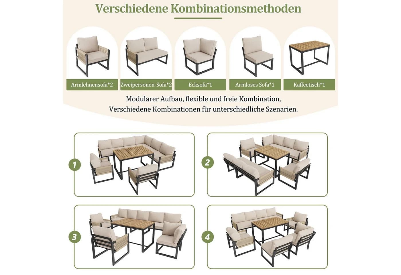 Celya Gartenlounge-Set 7-8 Sitze Beige Metall wetterfest - Bild 4