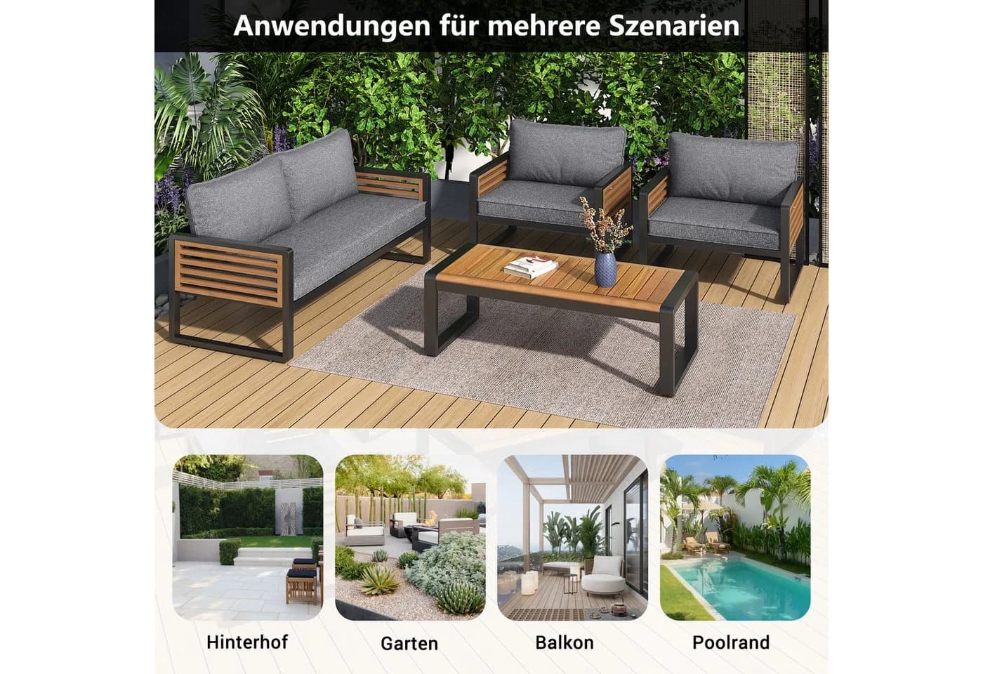 Celya Gartenlounge-Set Grau mit Akazienholz Armlehnen - Bild 3