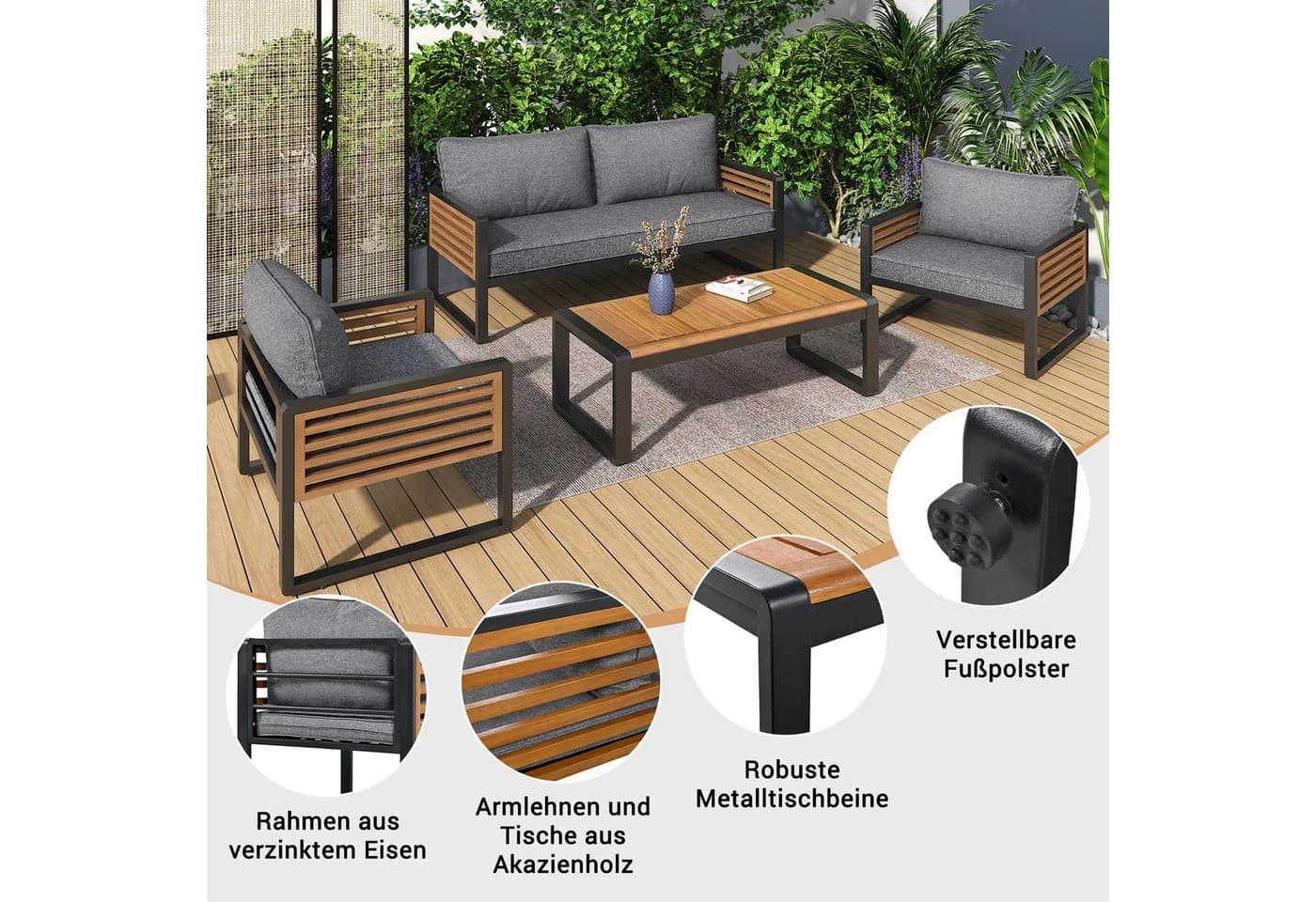 Celya Gartenlounge-Set Grau mit Akazienholz Armlehnen - Bild 5
