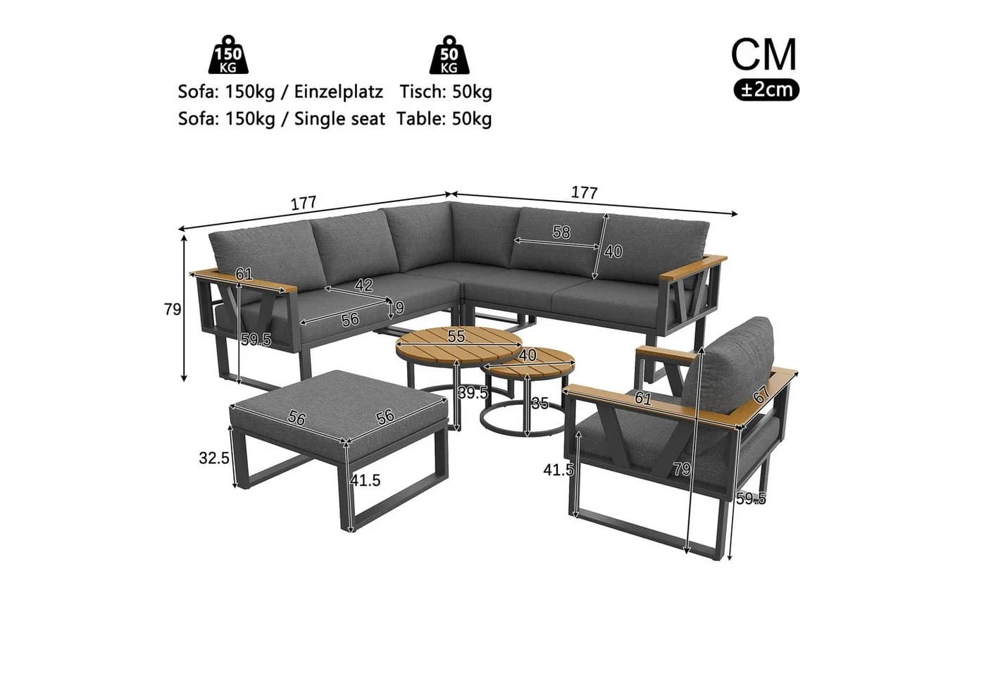 Celya Gartenlounge-Set Grau Modular Outdoor-Sitzgruppe mit Kissen