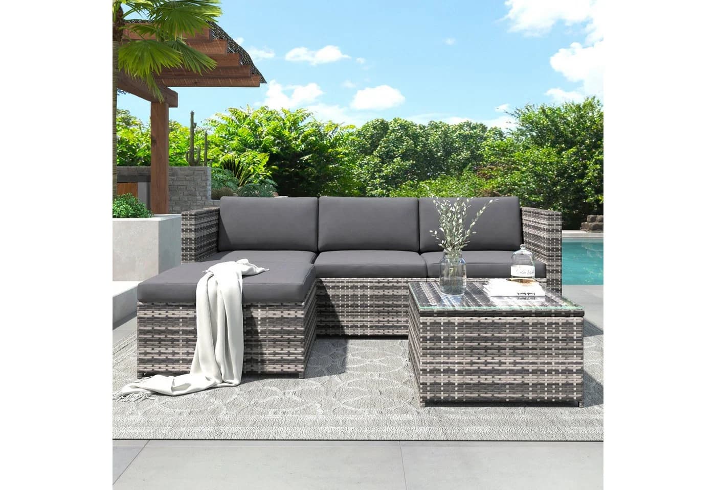 Celya Gartenlounge-Set Grau 4-tlg. Polyrattan Ecksofa mit Tisch - Bild 2
