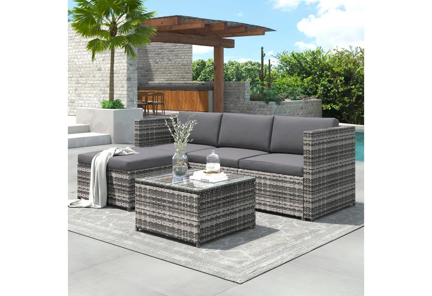Celya Gartenlounge-Set Grau 4-tlg. Polyrattan Ecksofa mit Tisch - Bild 5